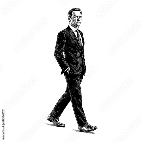 A Stylish Man in Suit Walking Confidently Black and White Outline Line Art Drawing