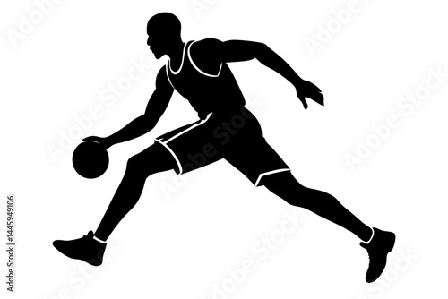 Black silhouette of basketball player dribbling while sprinting vector art, basketball, player, dribbling, silhouette, sprint, running, sport, action, athlete, design, vector, graphic, competition