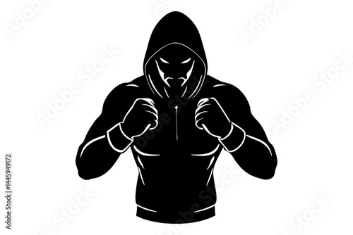 Silhouette of a boxer in defensive stance wearing a hooded sweatshirt vector, boxer, boxing, silhouette, sport, fighter, hood, hooded sweatshirt, defensive, stance, vector, illustration, outline, art