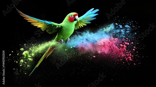 Vibrant parrot in flight, surrounded by colorful powder explosion.