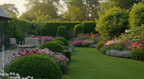 Vibrant Garden with Colorful Flowers, Green Lawn, and Cozy Patio Area

