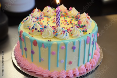 Blue and pink birthday cake with pastel cream and candle