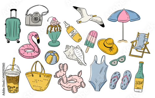 Hand drawn summer icon set with beach items, sweets, drinks and accessories on white background. Collection representing vacation, leisure and tropical holiday vibes in playful style