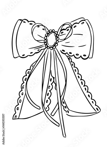 Decorative vintage bow with lace edges and central gem in hand drawn outline style. Symbol of elegance, femininity and celebration in ornamental fashion detail