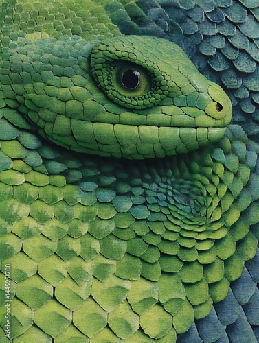A vibrant green reptile, possibly an iguana or chameleon, basks in the sun on a tree branch, its scales and eye visible in a wild, tropical closeup The image shows a reptile head with detailed scales.