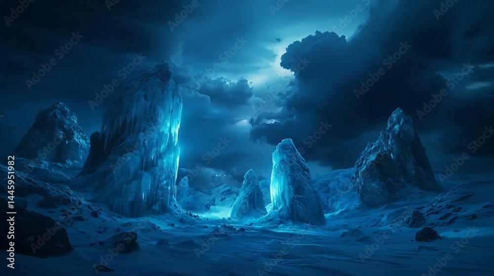 Fototapeta premium Icy Peaks with Bioluminescent Glow, Fantasy Landscape for Game Design