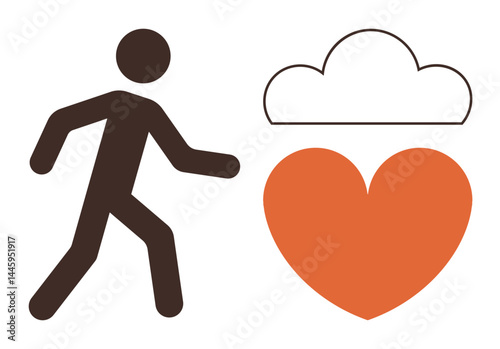 Silhouette of person moving toward heart with a cloud above, suggesting emotional, mental health, self-improvement. Ideal for wellness, motivation, personal growth, mental health, love mindfulness