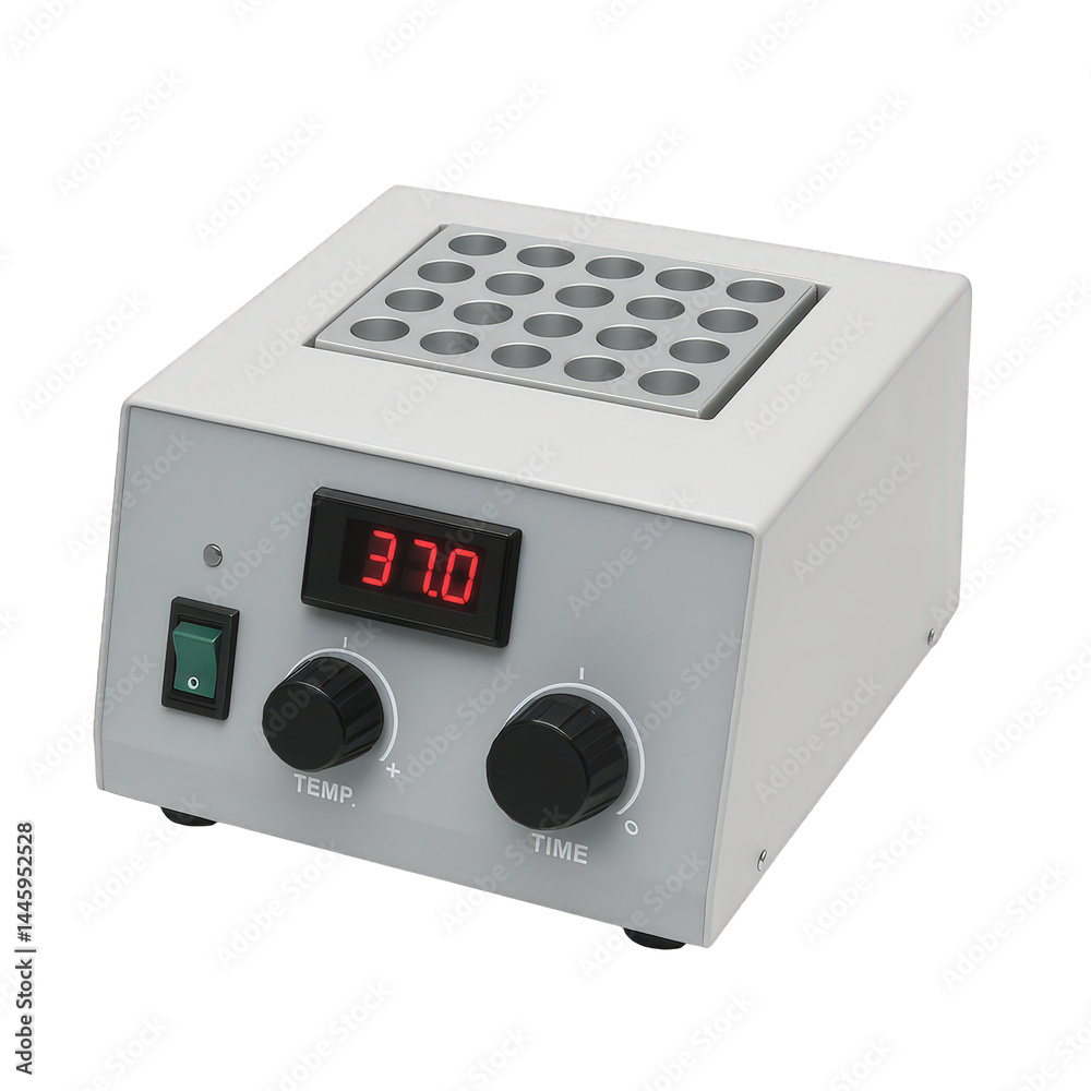 Fototapeta premium Precision laboratory heating block instrument featuring digital readout and adjustable temperature and time settings.