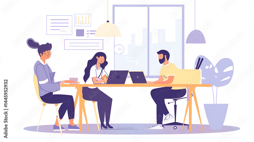 Three people working at a table with laptops in a bright office space with plants and charts Three people working at a table with laptops in a bright office space with plants and charts