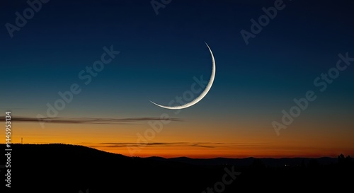 Twilight Landscape with Crescent Moon and Colorful Gradient Evening Sky

