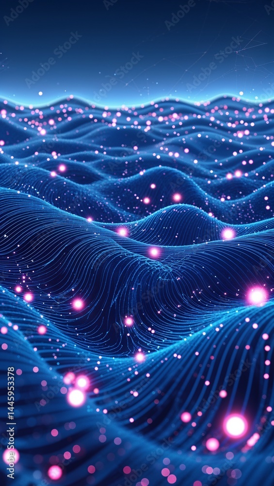 Obraz premium An abstract and artistic depiction of a flowing, undulating landscape illuminated by a network of vibrant, glowing particles. The image creates a mesmerizing effect of a digital universe or network