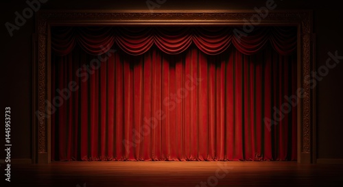 Grand Theatrical Stage with Red Curtain and Ornate Proscenium Arch

