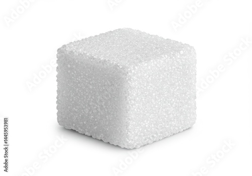 Single Sugar Cube on White Background - A single, white sugar cube, showcasing its texture and geometric form. Represents purity, sweetness, energy, simple pleasures, and culinary