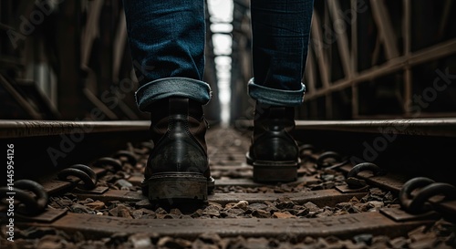 Close-up of Legs in Rolled-Up Jeans and Black Boots Walking on Railway Track

