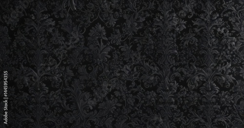 Intricate black damask, floral vines, seamless gothic pattern , textile, photo, scroll