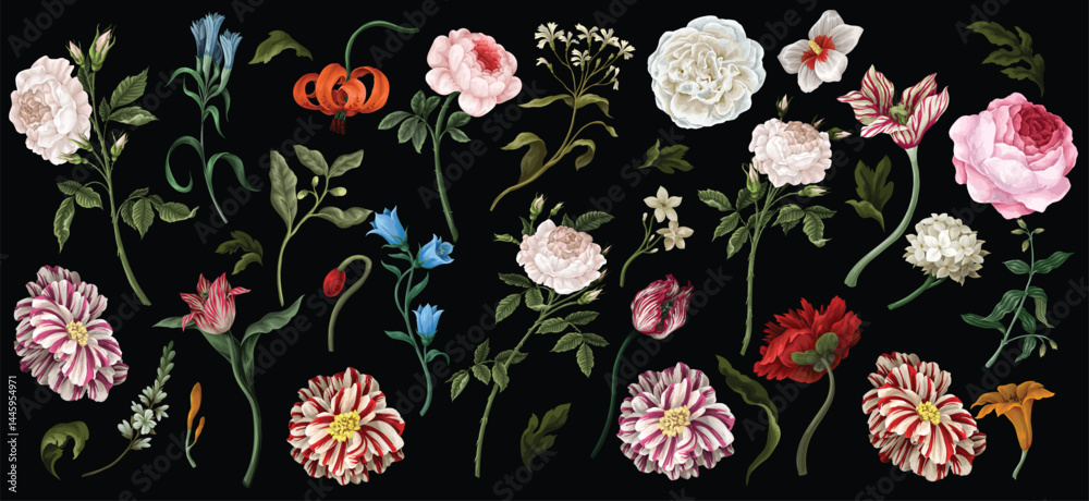 Naklejka premium Big set oil painting rococo still-lifes flowers isolated. Vector.