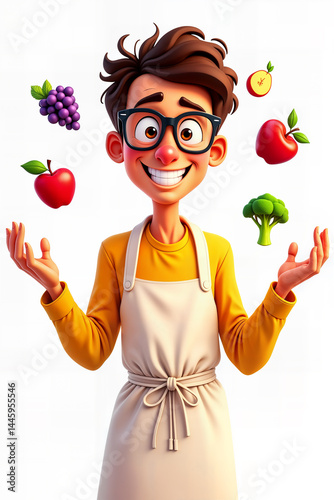A cheerful chef with glasses, illustrated in a cartoon style, is juggling fruits and vegetables.