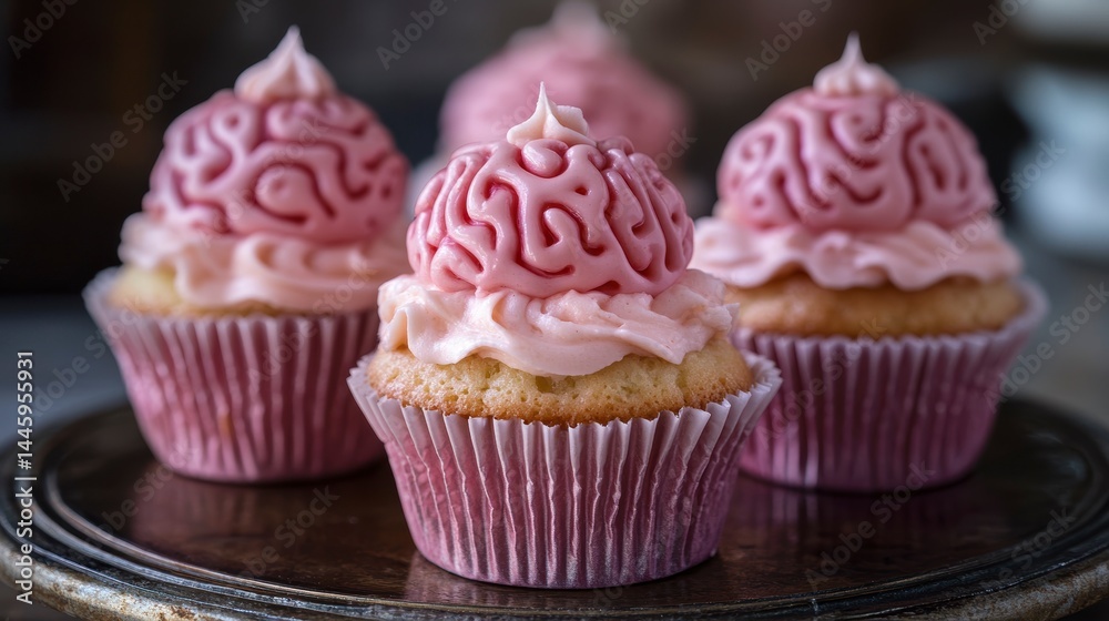 Four pink brain-shaped cupcakes on a metallic stand. Four pink brain-shaped cupcakes on a metallic stand.