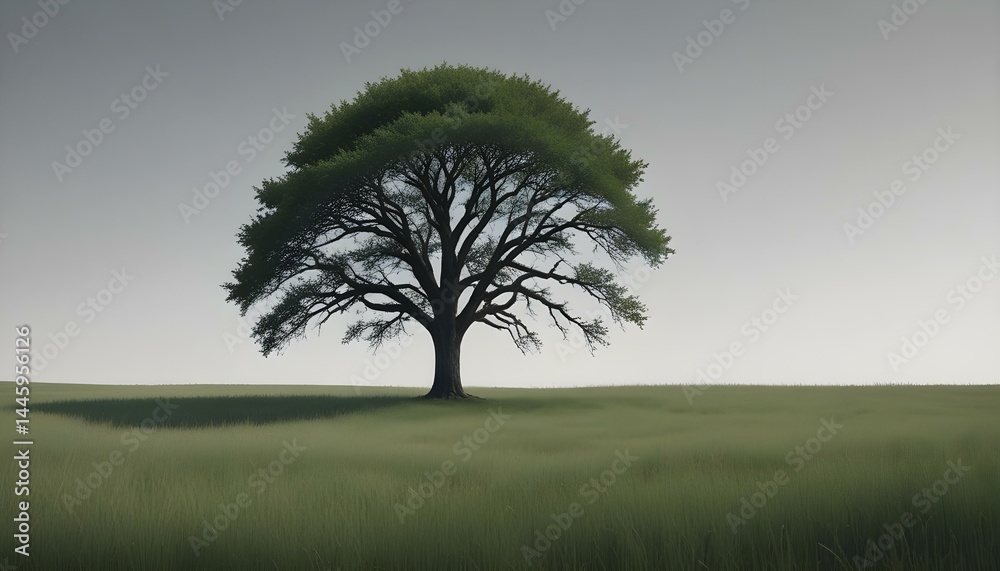 Obraz premium A large, sprawling tree standing alone in a green field bathed in soft, diffused light.