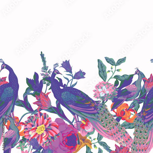 Seamless pattern with peacock and painting rococo still-lifes flowers. Vector.