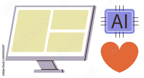 Desktop screen with a grid layout, artificial intelligence chip, and heart icon. Ideal for AI, technology, innovation, digital design, human-centered design, tech trends simple landing page