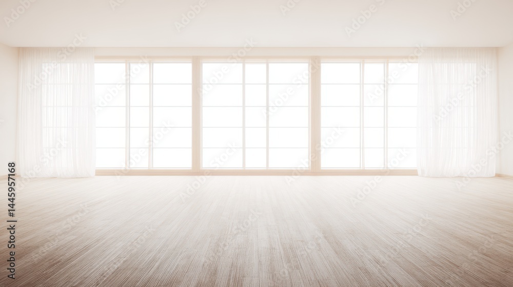 Bright and Spacious Empty Room with Large Windows and Light Curtains Bright and Spacious Empty Room with Large Windows and Light Curtains
