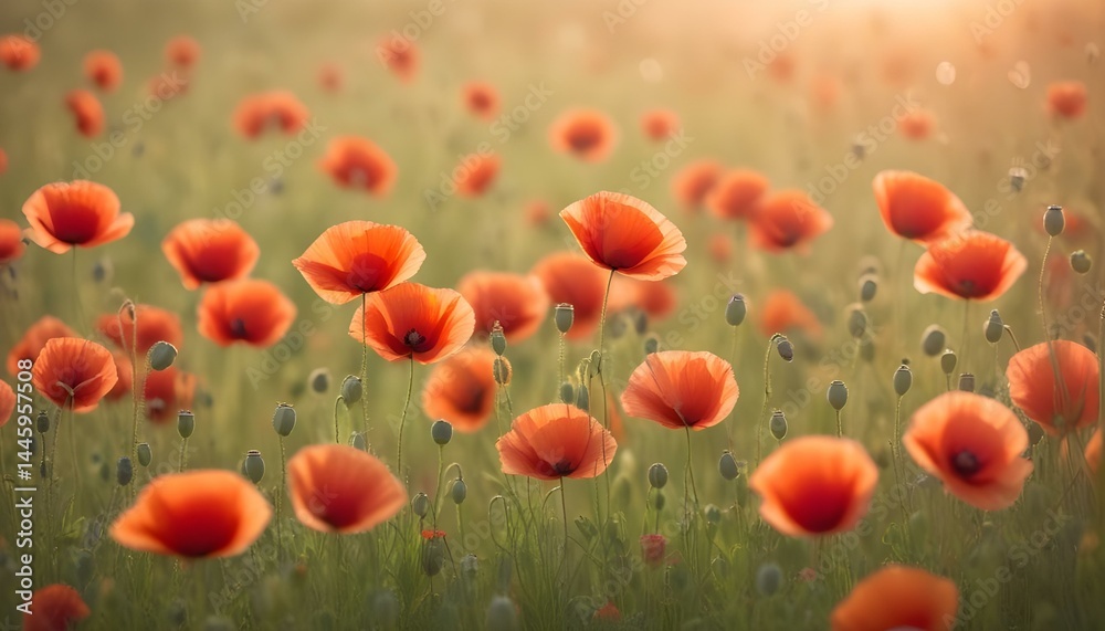 Fototapeta premium A beautiful field of red poppies in full bloom, bathed in the golden sunlight of a summer day.