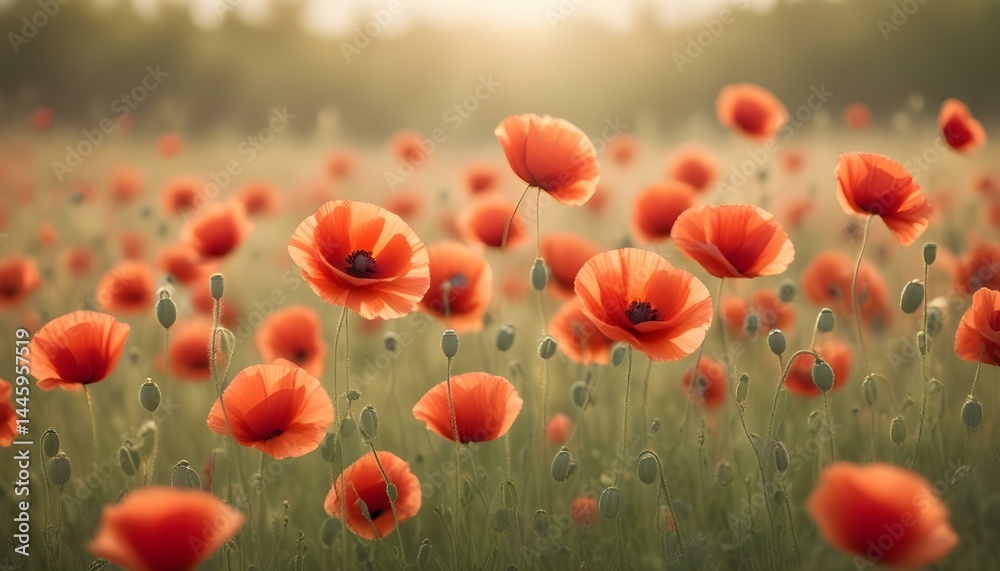 Fototapeta premium A serene field of red poppies gently swaying in the sunlight, a beautiful spring scene.