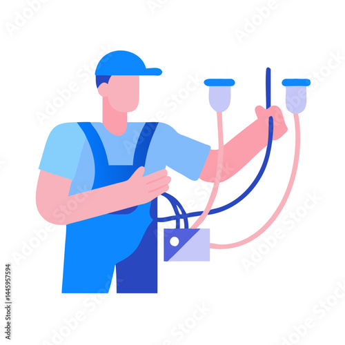 Electrician Fixing Wires – Vibrant Linear Blue & Pink Icon on White Background with Copy Space 