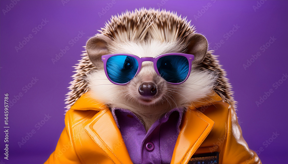 adorable hedgehog wearing sunglasses and flashy suit on vibrant purple background adorable hedgehog wearing sunglasses and flashy suit on vibrant purple background