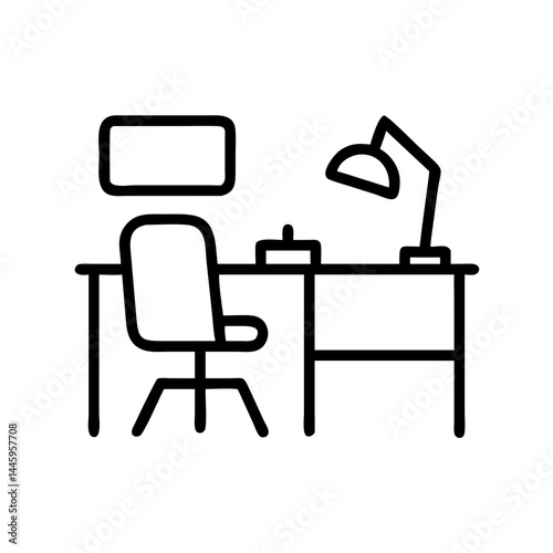 Office Workspace Setup – Minimalist Black & White Linear Icon on Clean White Background with Copy Space  
