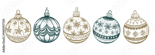Christmas green ball on whites set. Hand drawn illustration.	