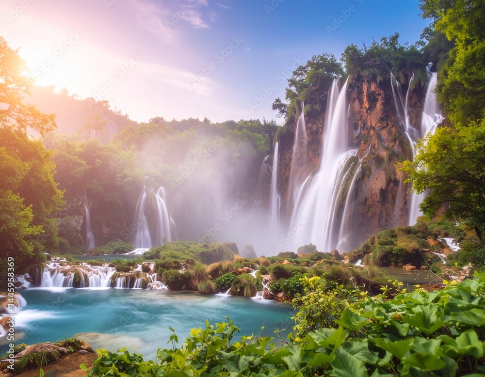 Fototapeta premium Un majestuoso paisaje montañoso captura la serena belleza de las cascadas que se desbordan por exuberantes laderas verdes. El agua centellea al caer sobre acantilados rocosos, rodeados de densa vegeta