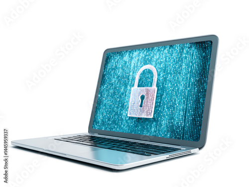 A laptop screen shows a blue lock