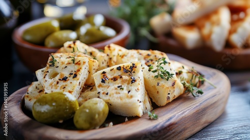 Grilled bread with herbs and olives on a wooden board.