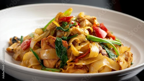 Delicious Thai Pad See Ew dish featuring wide rice noodles, chicken, colorful vegetables and aromatic herbs served on a white plate.