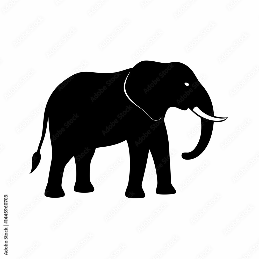 Obraz premium Silhouette of a black elephant with tusks and trunk raised