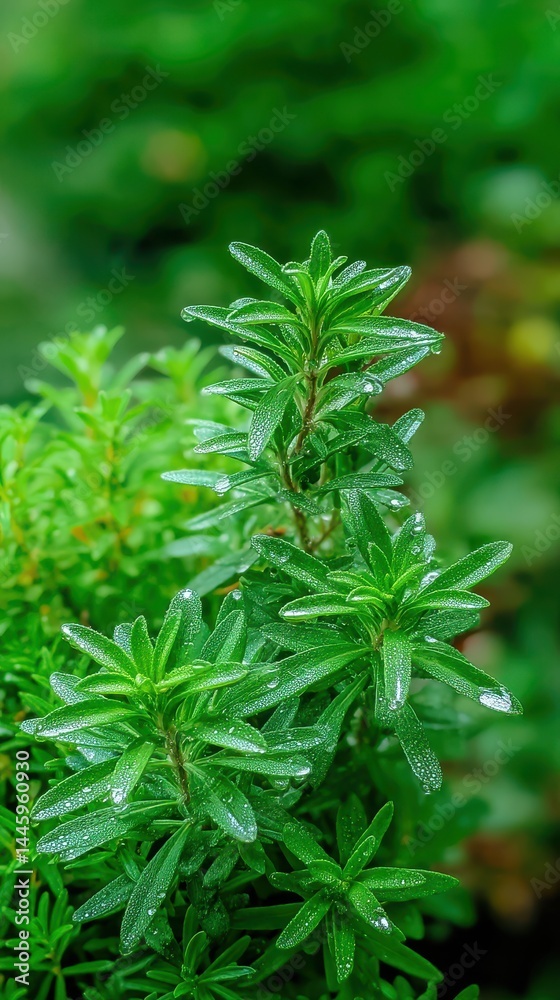 Fresh Green Herbs with Water Drops in Natural Setting
