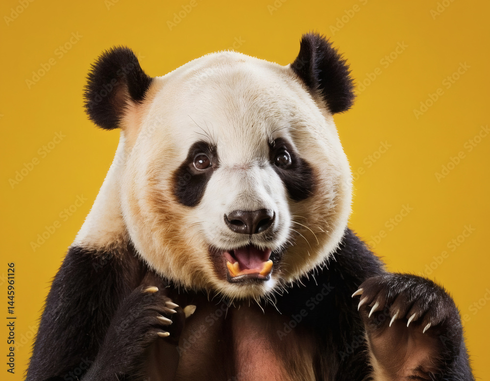 Fototapeta premium Panda looking surprised, reacting amazed, impressed, standing over a yellow background