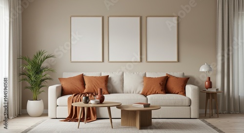 Modern Living Room with Beige Sofa, Orange Cushions, Minimalist Design, and Cozy Atmosphere

