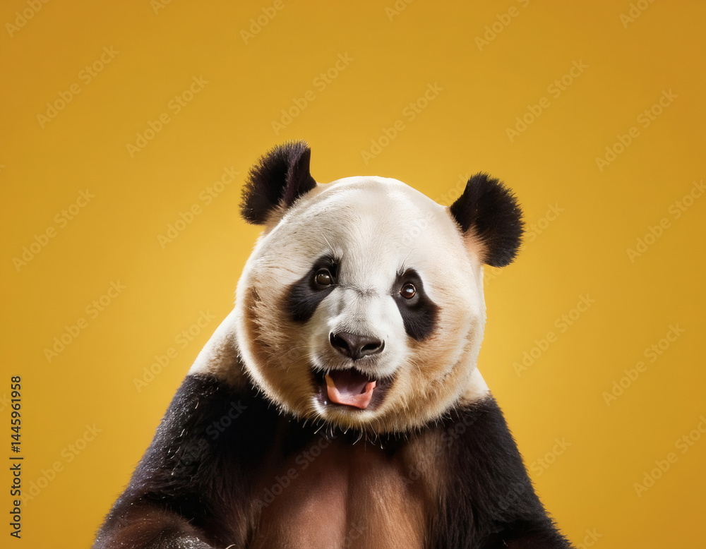 Fototapeta premium Panda looking surprised, reacting amazed, impressed, standing over a yellow background