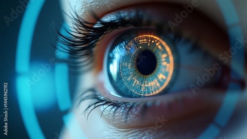 Glowing eye scan with data visualization — ideal visual for security, telemedicine or medical technology branding photo