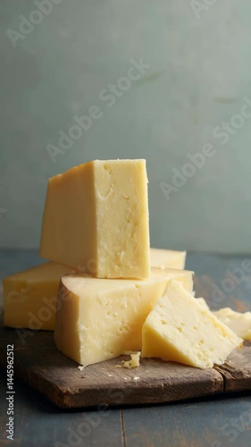 Stacked cheese blocks on a wooden cutting board, featuring a creamy texture and yellow color against a gray background.