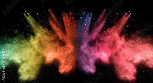 Vibrant Explosion of Colorful Powder Forming Symmetrical Pattern Against Black Background

