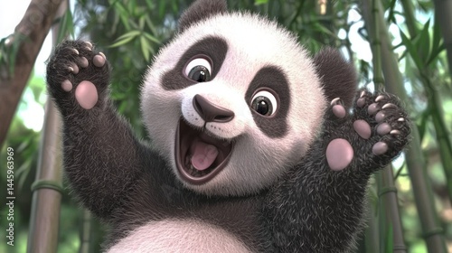 Cute cartoon panda cub with open mouth, reaching out with joyful expression in a bamboo forest.