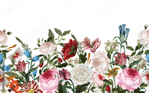 Border pattern with oil painting rococo still-lifes flowers. Vector.