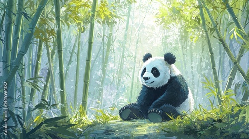 Cute panda sits peacefully in a lush bamboo forest. Sunlight streams through the trees.