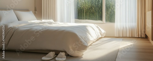 A brightly lit and inviting bedroom with a comfortable bed