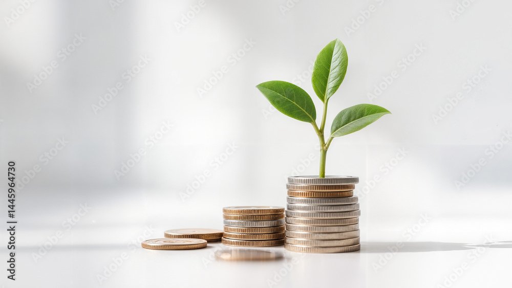 a conceptual scene of a green sprout growing from a stack of coin a conceptual scene of a green sprout growing from a stack of coin