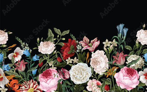 Border pattern with oil painting rococo still-lifes flowers. Vector.